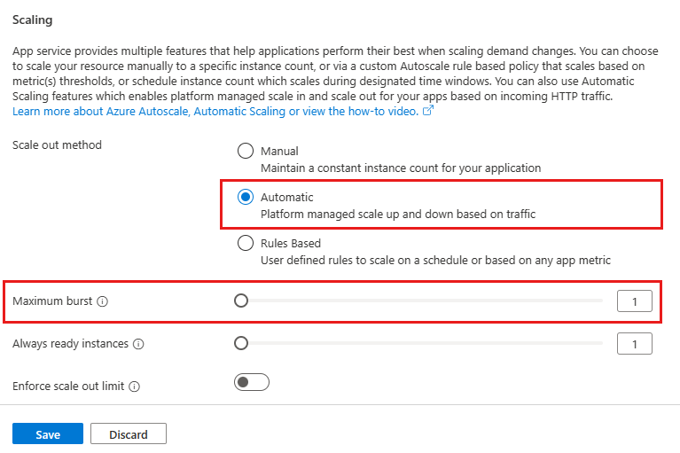 Automatic scaling in Azure portal