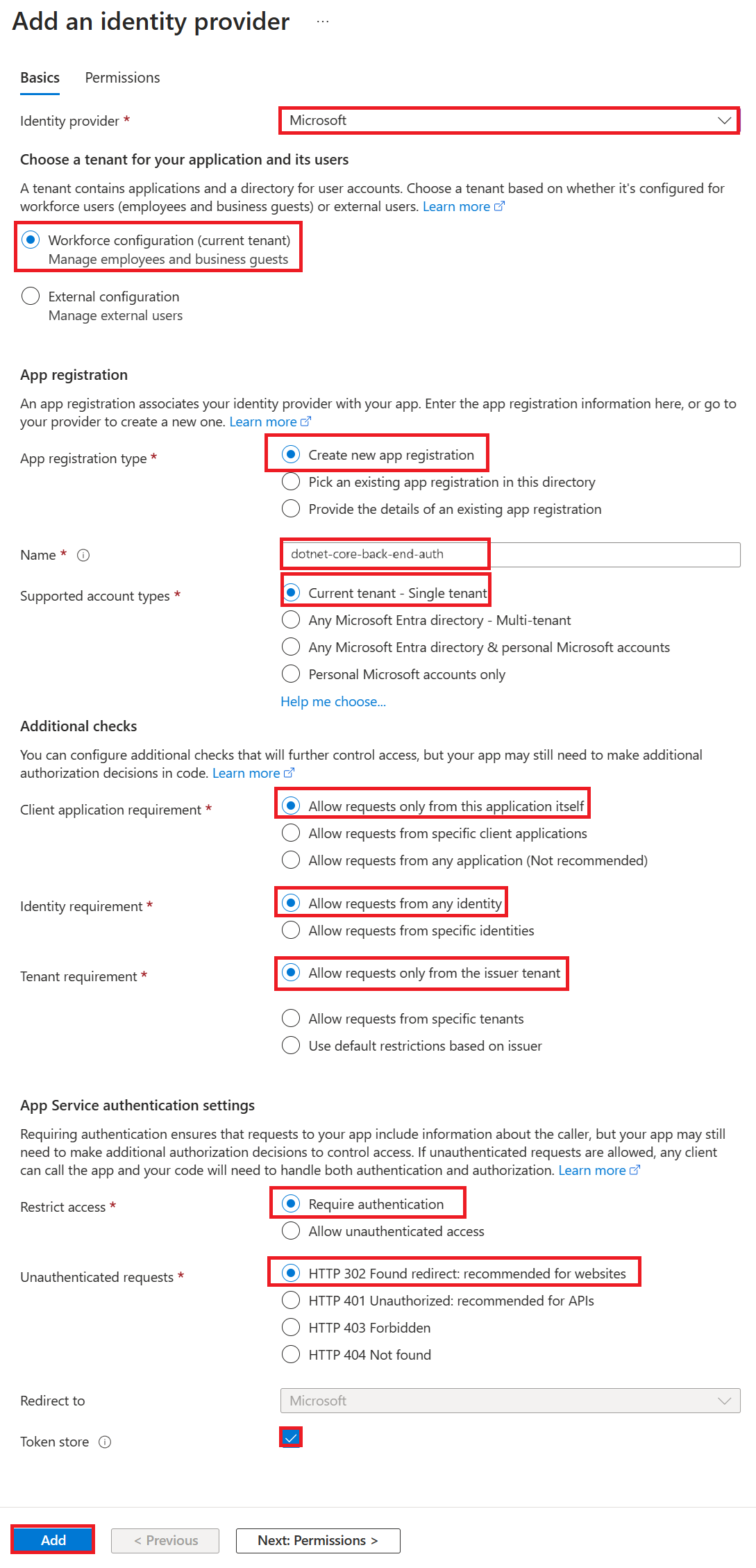 Screenshot of the backend app's left menu showing Authentication/Authorization selected and settings selected in the right menu.