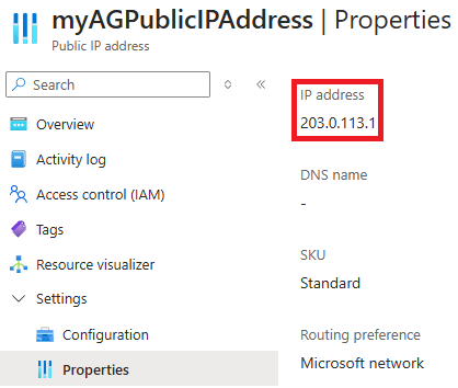 Screenshot of finding the application gateway public IP address.