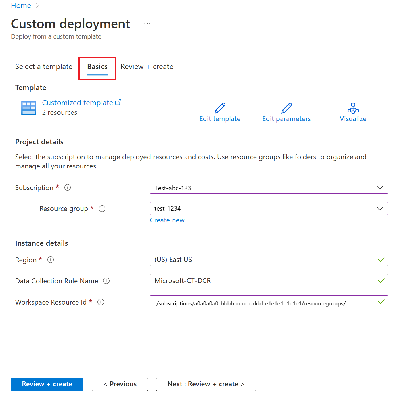 Screenshot to provide subscription and resource group details to deploy data collection rule.