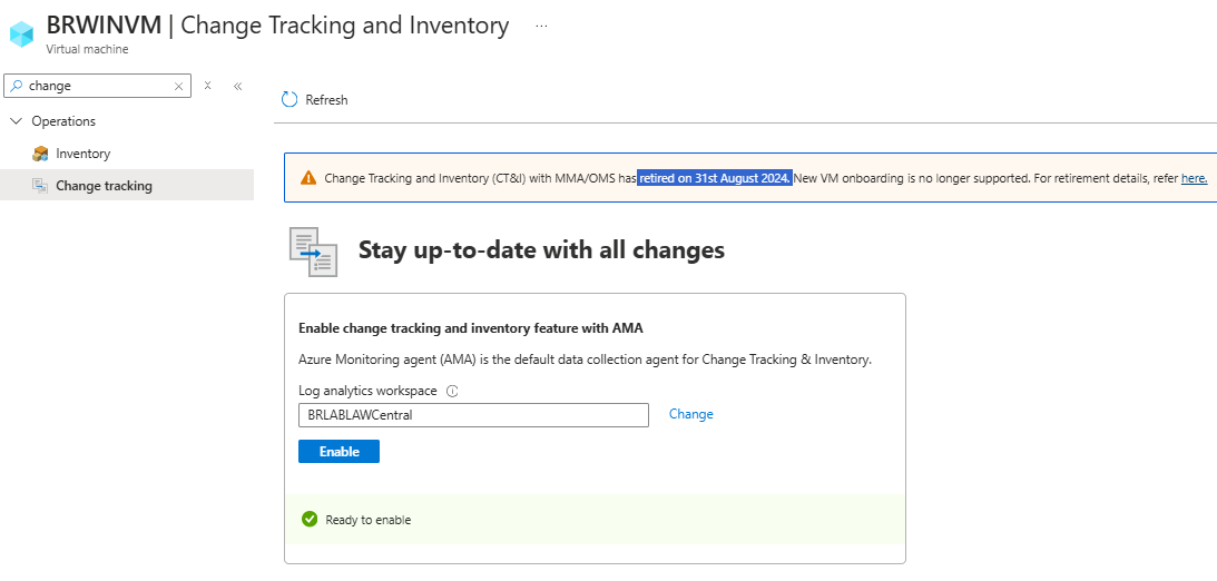 Screenshot showing to select change tracking option for a single virtual machine from the portal.