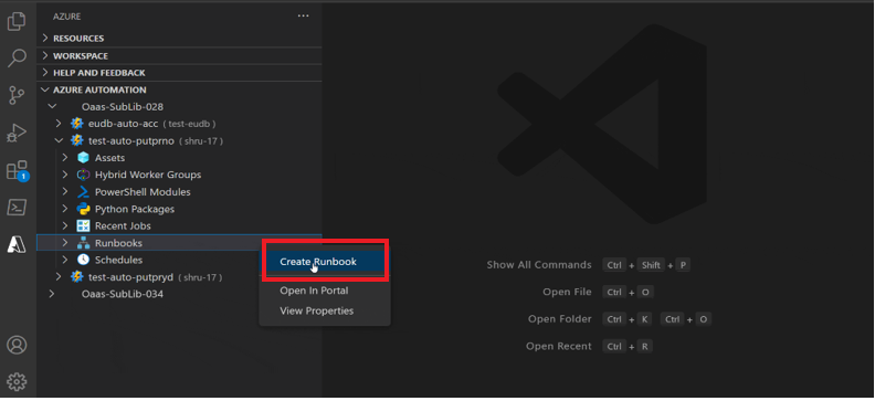 Screenshot on how to create runbook using the Azure Automation extension.