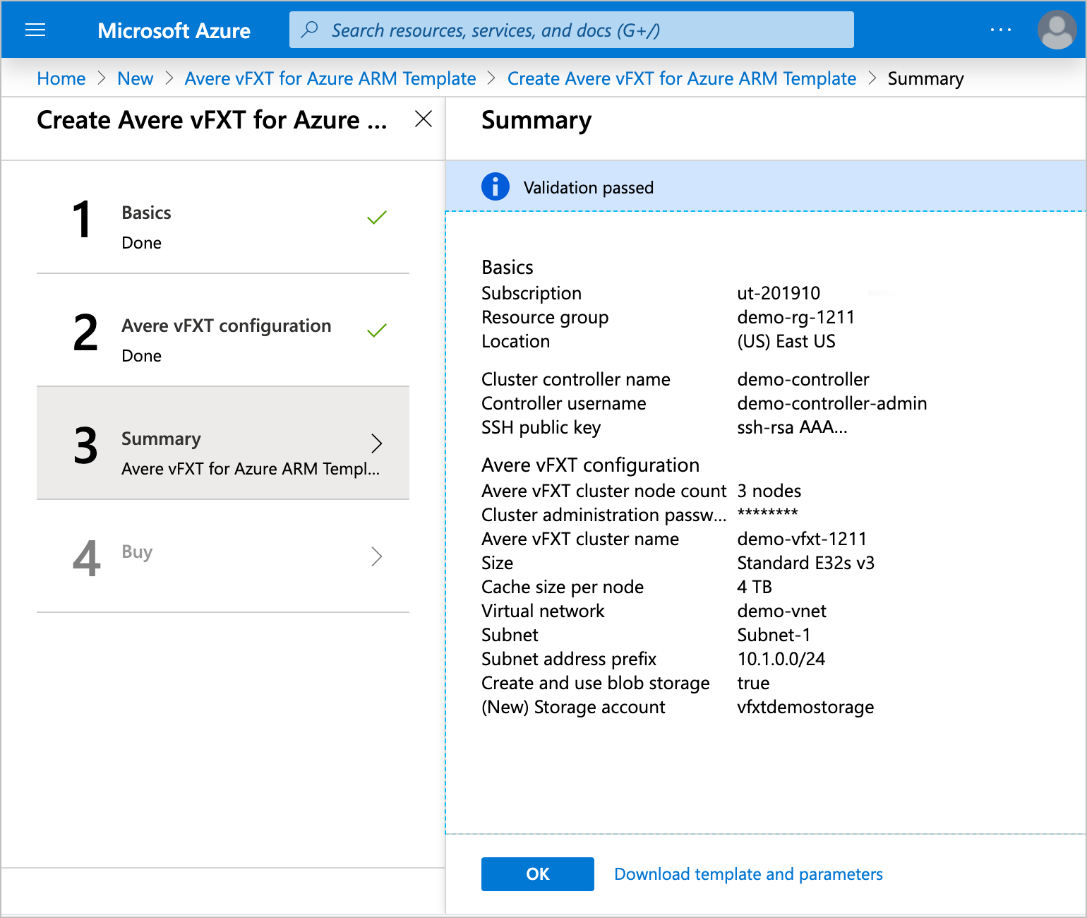 Third page of the deployment template - validation