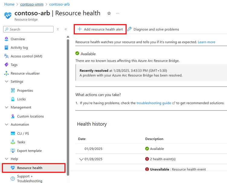 Screenshot of resource health.