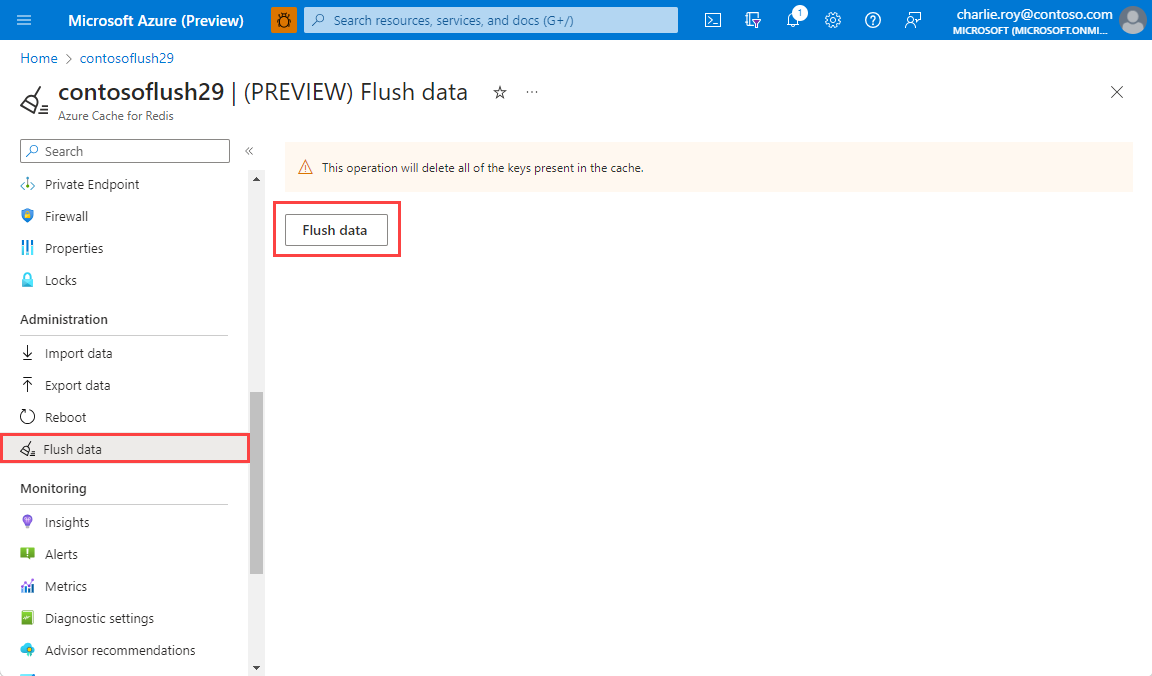 Screenshot showing flush data selected in the resource menu of a cache instance. 