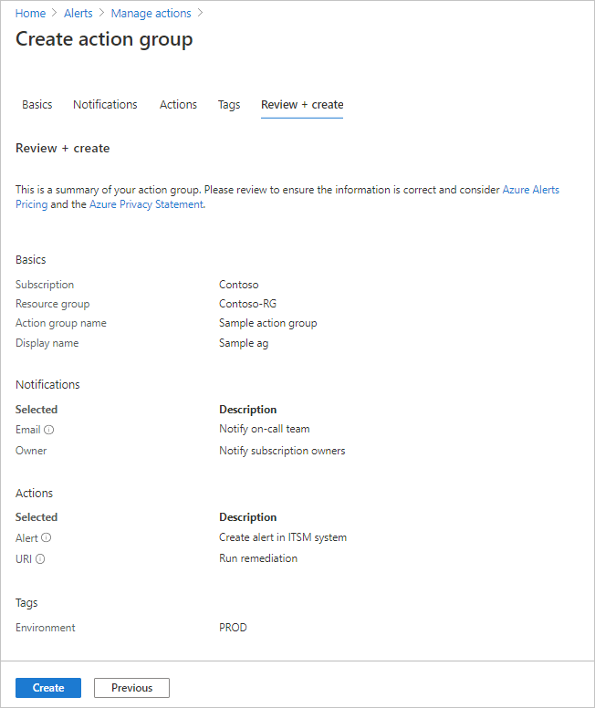 Screenshot that shows the Review + create tab of the Create action group dialog. All configured values are visible.