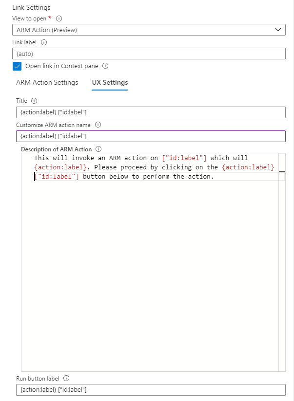 Screenshot that shows Azure Workbooks ARM action UX settings.