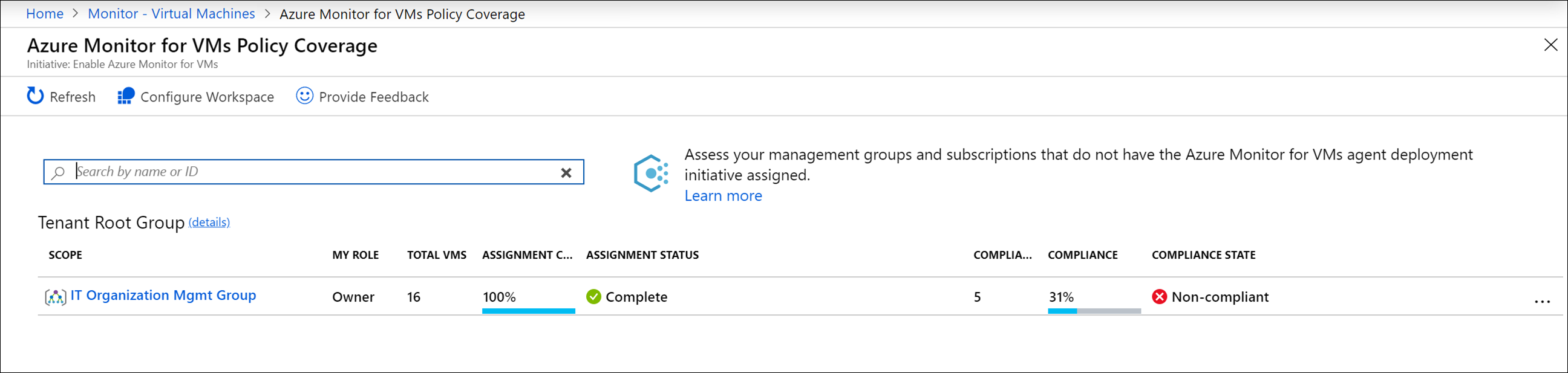 Screenshot that shows the VM insights Azure Monitor for VMs Policy Coverage page.