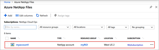 Screenshot of selecting NetApp account menu.