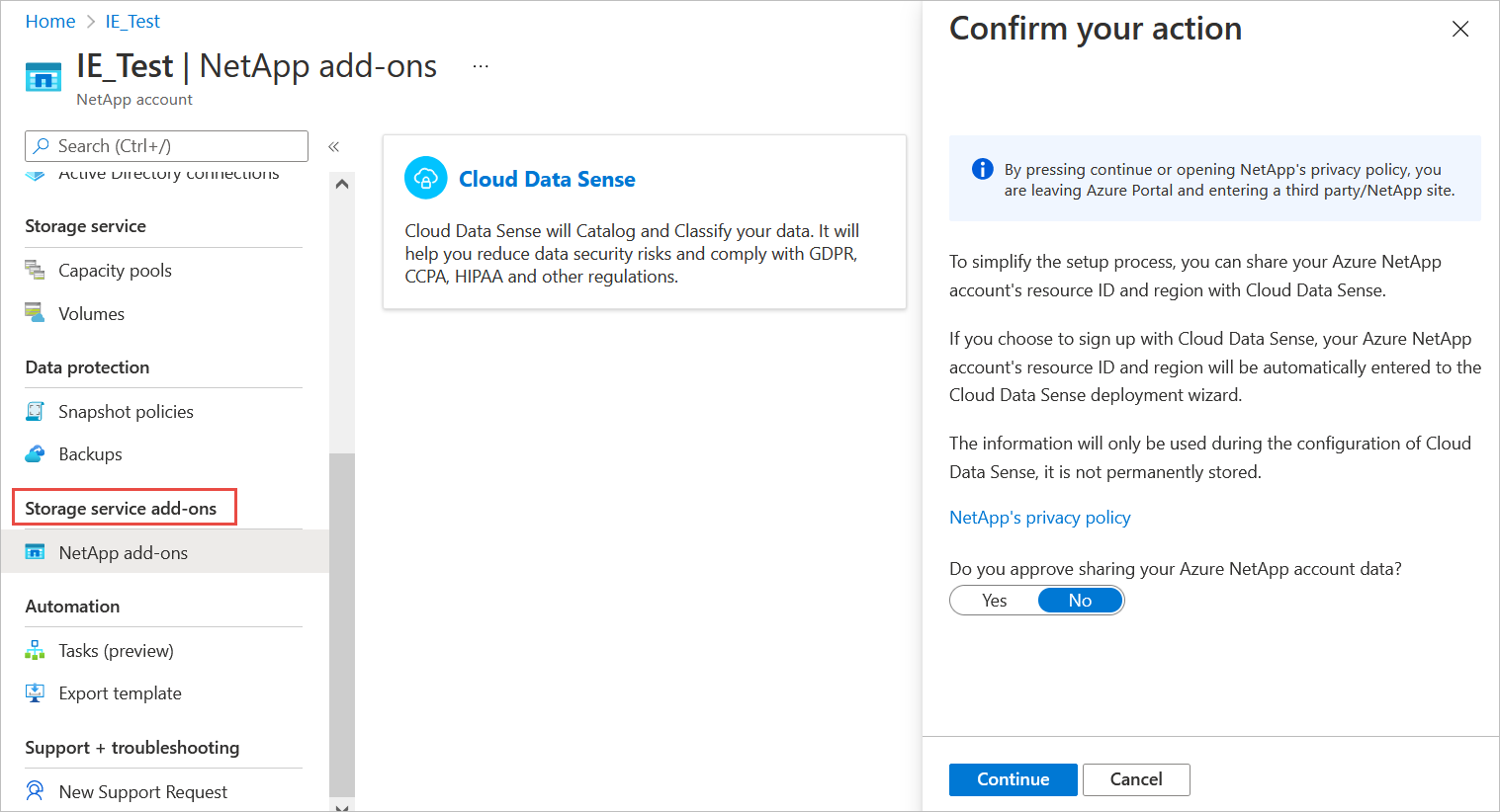 Snapshot that shows how to access to the storage service add-ons menu.