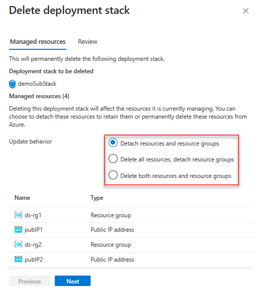 Screenshot of update behavior (delete flags) for deleting subscription scope deployment stacks.