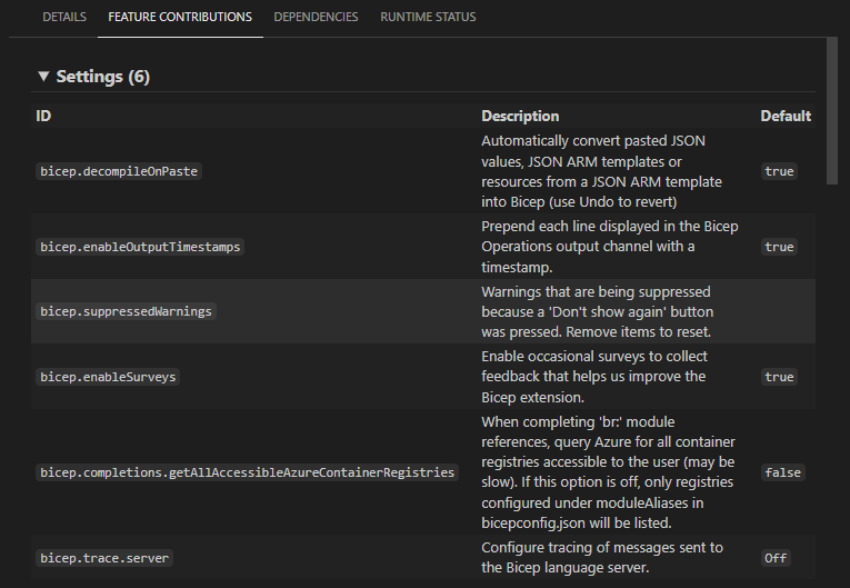 Screenshot of Bicep extension settings.
