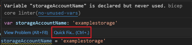 A screenshot of using Quick Fix for the no-unused-variables linter rule.