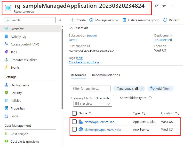 Screenshot that shows the managed resource group that contains the resources deployed by the managed application definition.