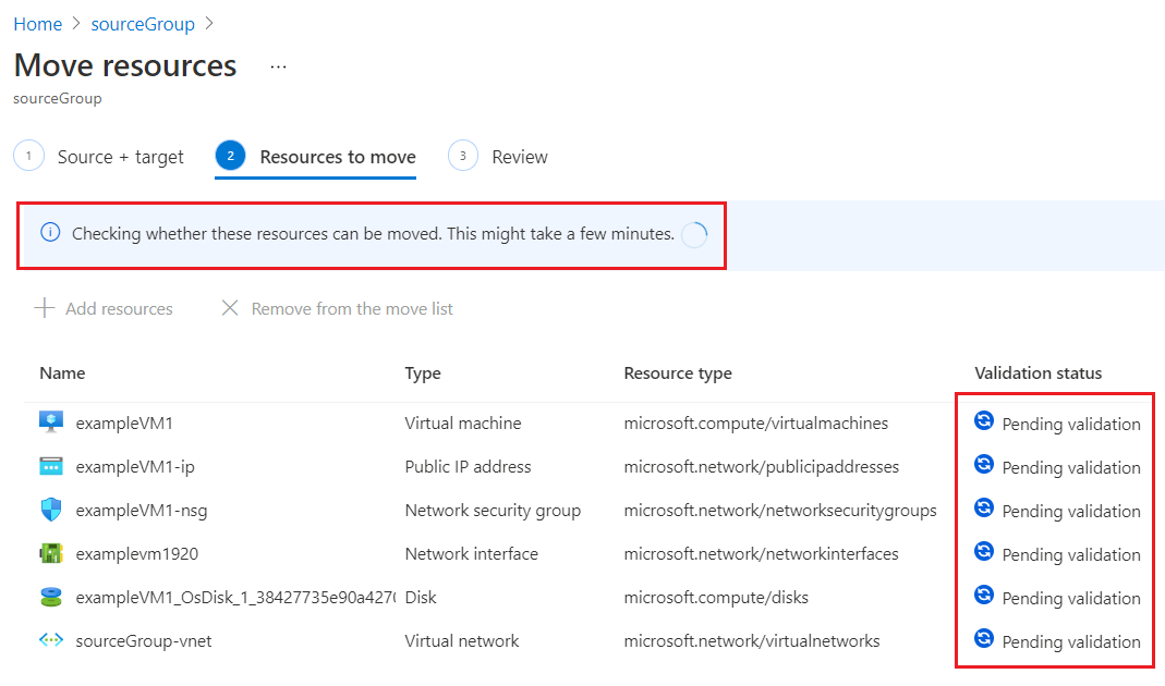 Screenshot of the Azure portal showing the validation process for the move operation.