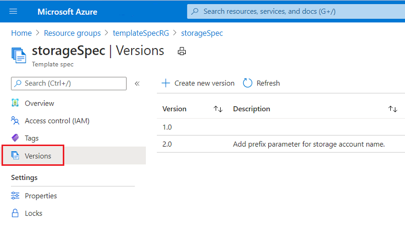 Screenshot of 'Versions' tab in Template spec details.