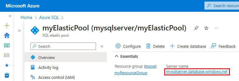 Screenshot selecting the server for the elastic pool in the Azure portal.