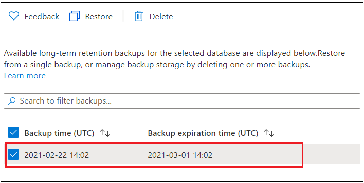 A screenshot from the Azure portal showing the page to view backups.