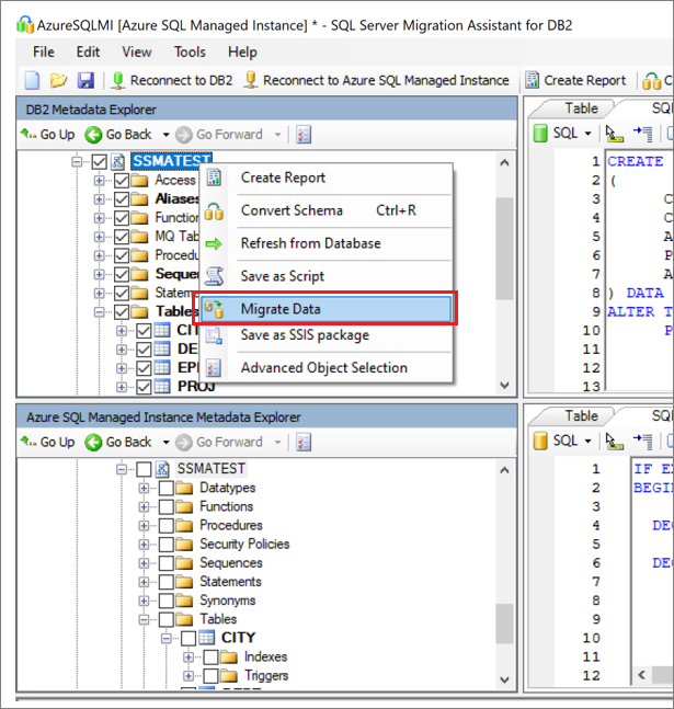 Screenshot that shows selecting the schema and choosing to migrate data.