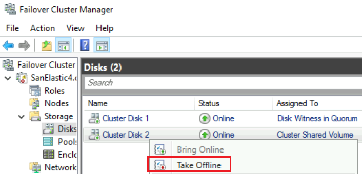 Screenshot of Failover Cluster Manager, with the disk selected and take offline highlighted. 