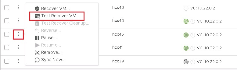 Screenshot shows the Test Recovery VM menu option.