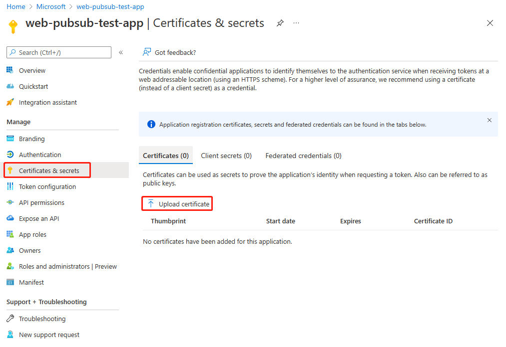 Screenshot that shows uploading a certificate.