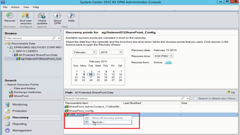 Screenshot showing how to select the SharePoint object shown in the MABS Recovery tab.