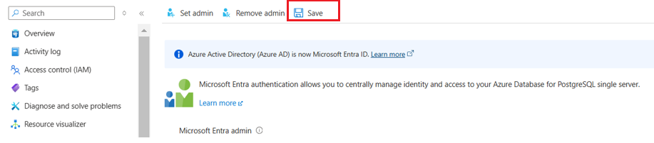 Screenshot showing how to save Active Directory admin user setting.