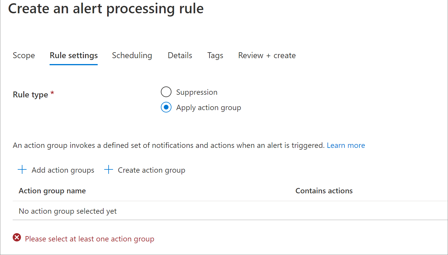 Screenshot for creating a new action group.