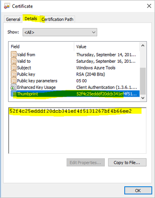 Screenshot shows the thumbprint field of certificate.