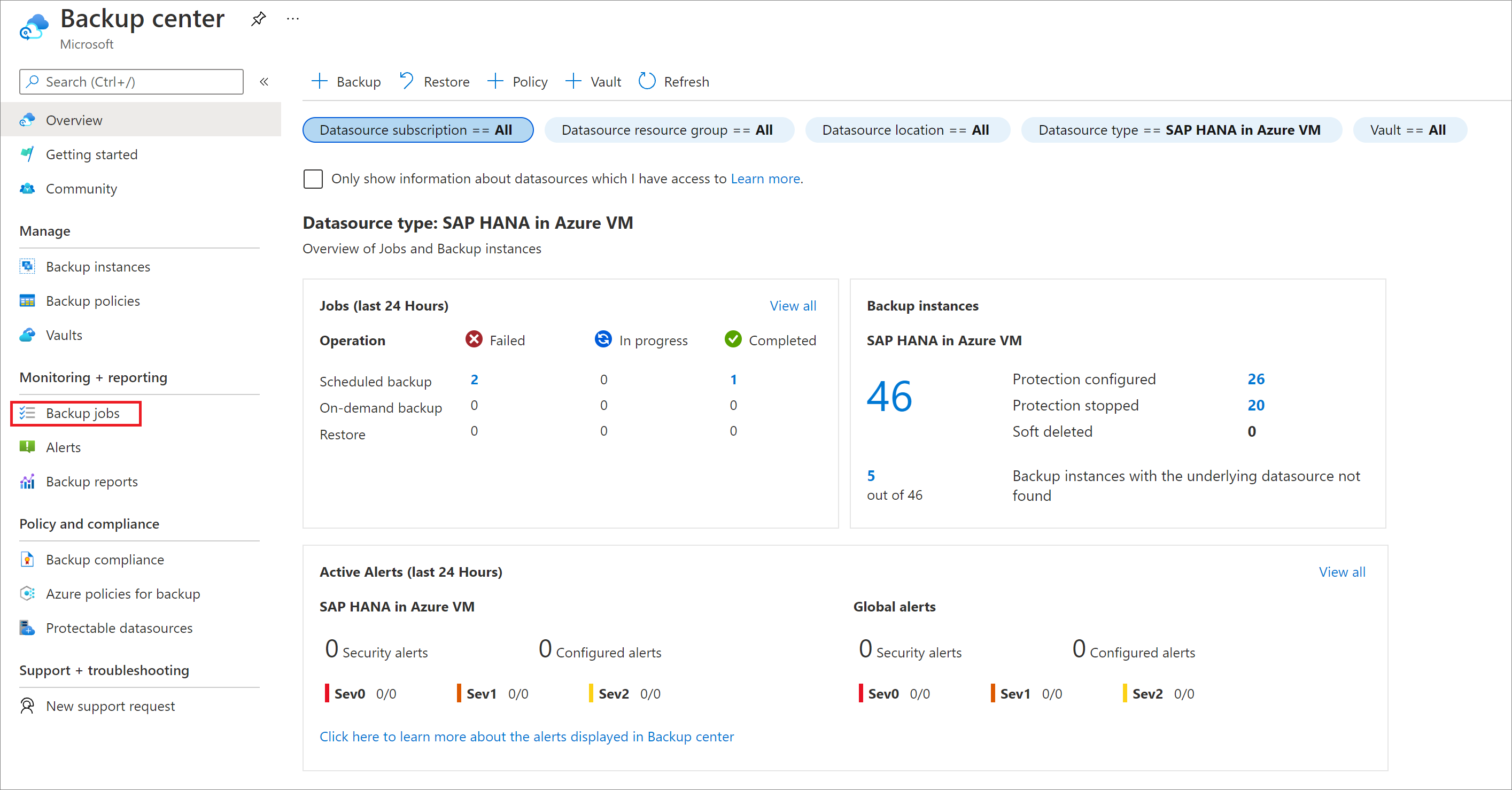 Screenshot that shows the 'Backup jobs' section of 'Backup center'.