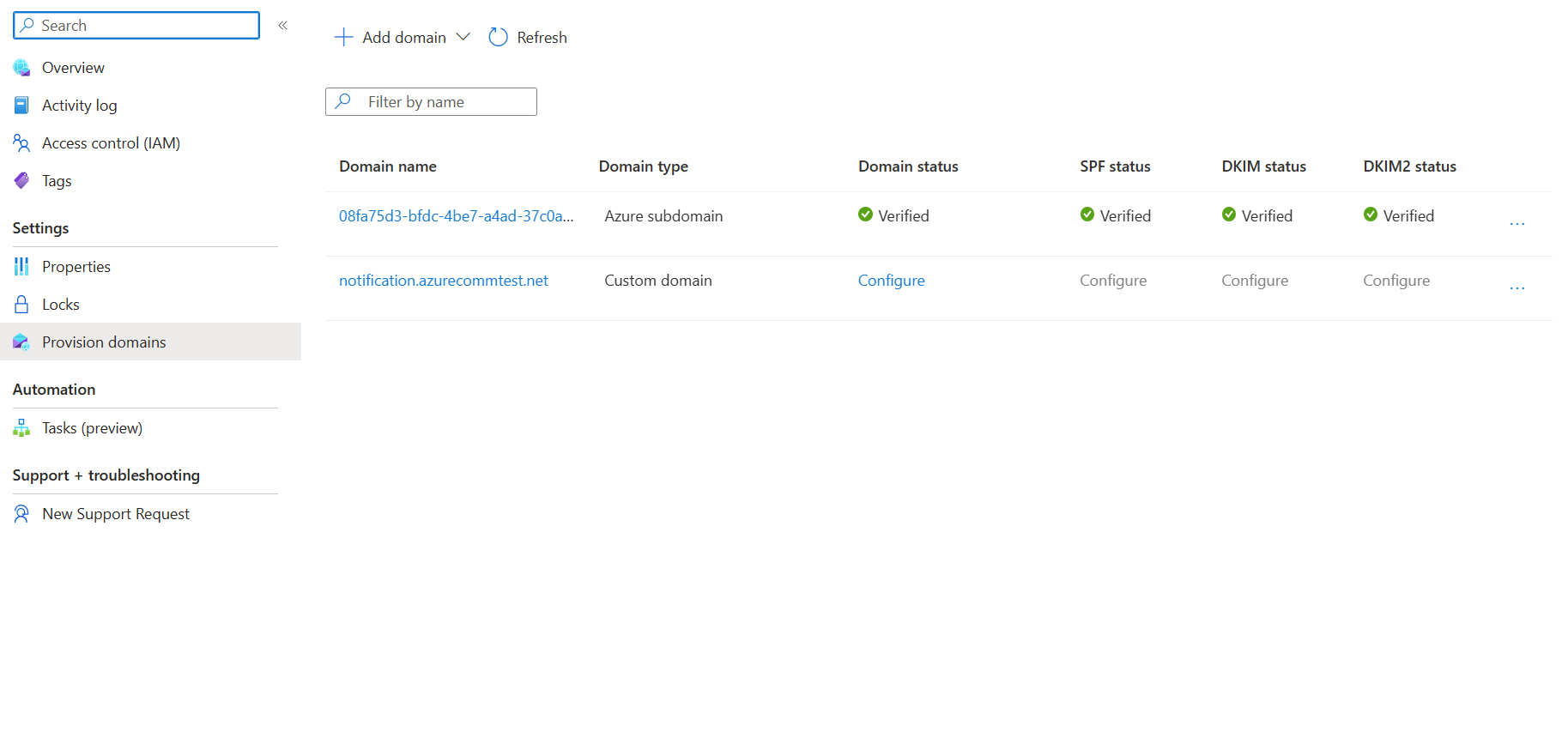 Screenshot that shows the added domain ready for verification in the list of provisioned domains.