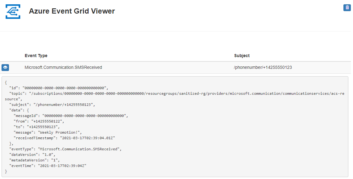 Screenshot of the Azure Event Grid viewer that shows the Event Grid schema for an SMS received event.