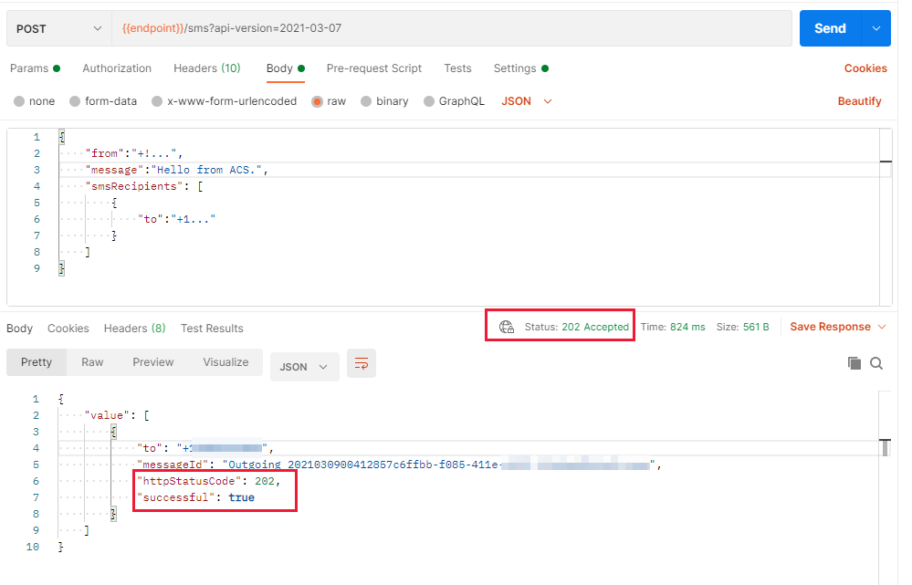 Screenshot that shows a Postman request that sent successfully with a 202 status code.