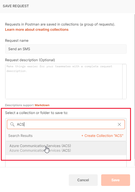 Screenshot that shows the Postman Save Request dialog with the Communication Services collection selected.