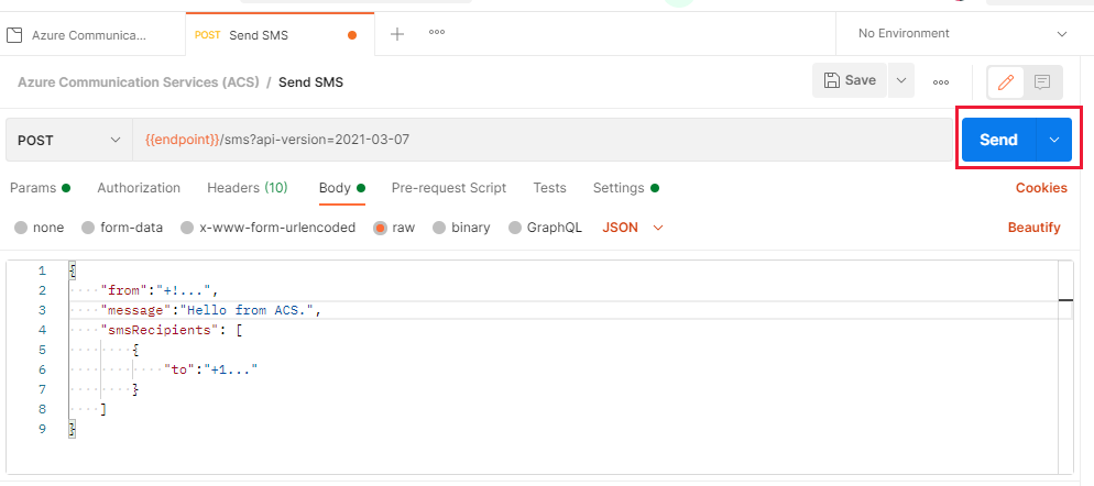 Screenshot that shows a Postman request with the Send button highlighted.