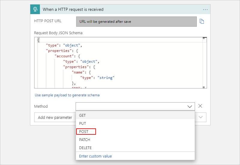 Screenshot showing Consumption workflow, Request trigger, and the "Method" list opened with a method selected.