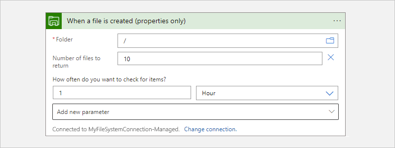 Screenshot showing Consumption workflow designer and the trigger named When a file is created.