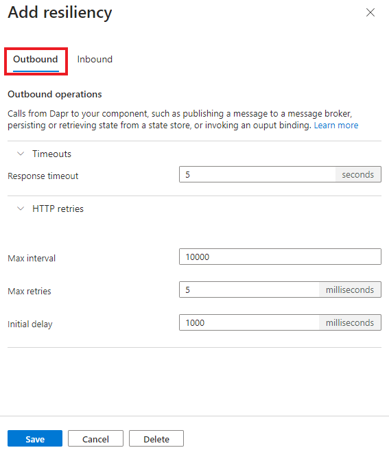 Screenshot demonstrating how to set timeout or retry policies for an outbound operation.