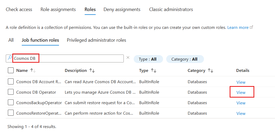 Screenshot of a list of role definitions at the current assignable scope filtered to include only definitions with 'Cosmos DB' in the title.