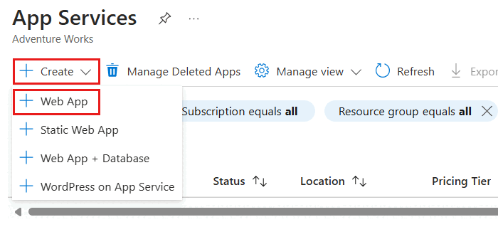 Screenshot of the 'Create' and 'Web App' options within the pane for Azure App Service.