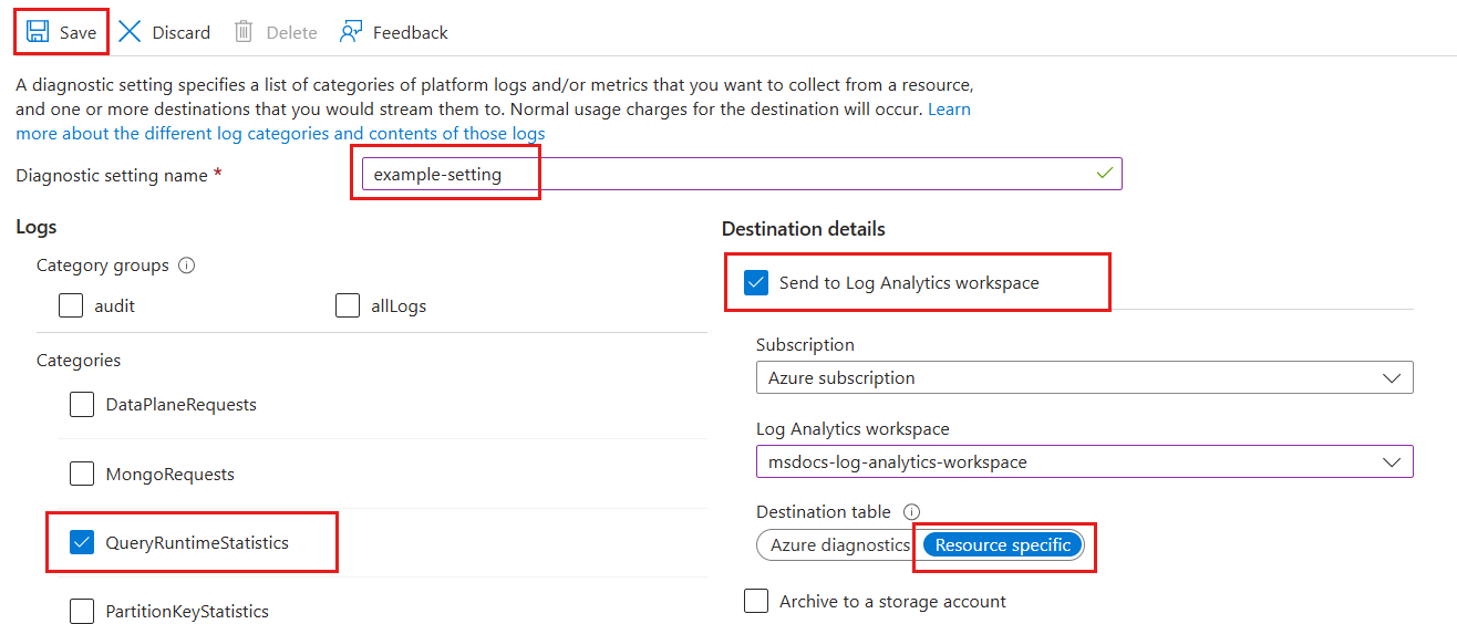 Screenshot of the various options to configure a diagnostic setting.