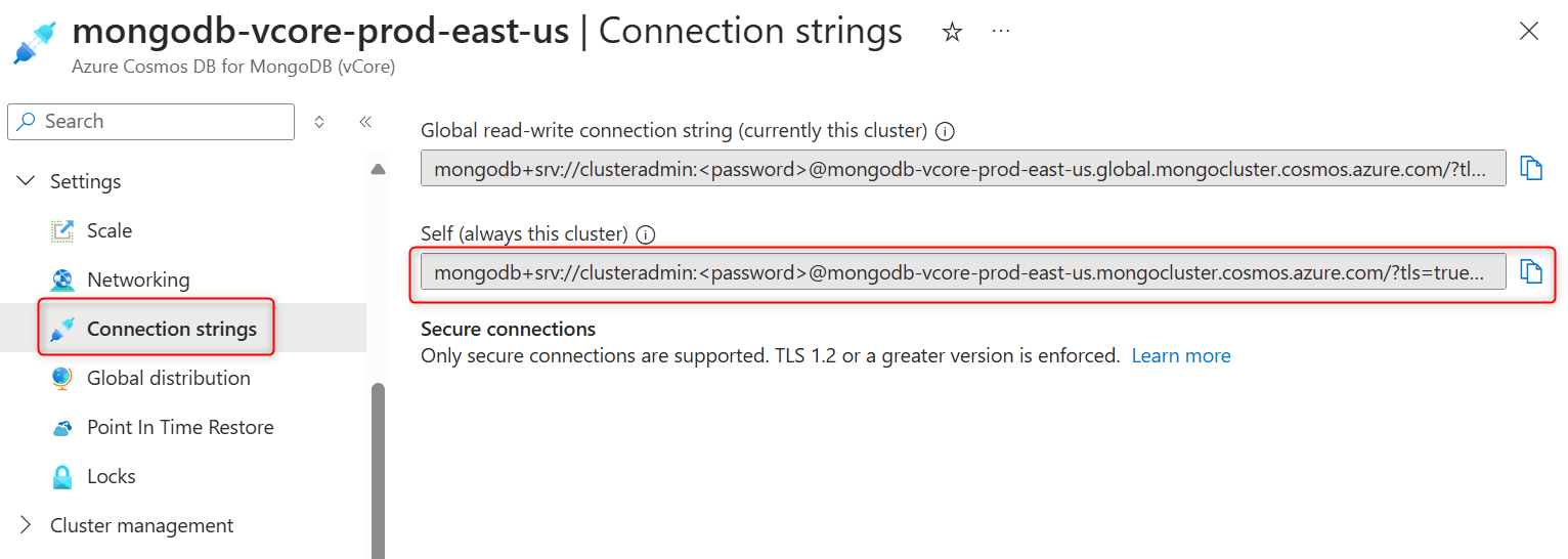 Screenshot of the connection strings option on the page for a cluster.