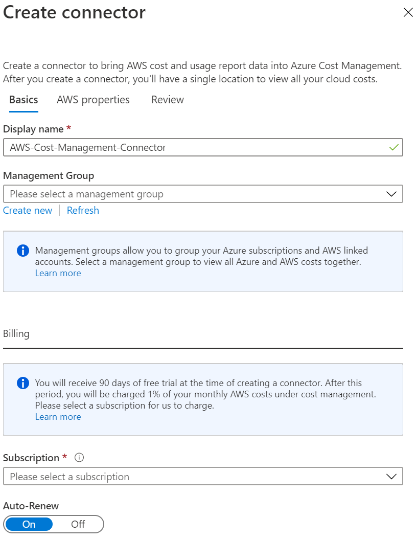 Screenshot showing the Create connector page where you configure and an AWS connector.