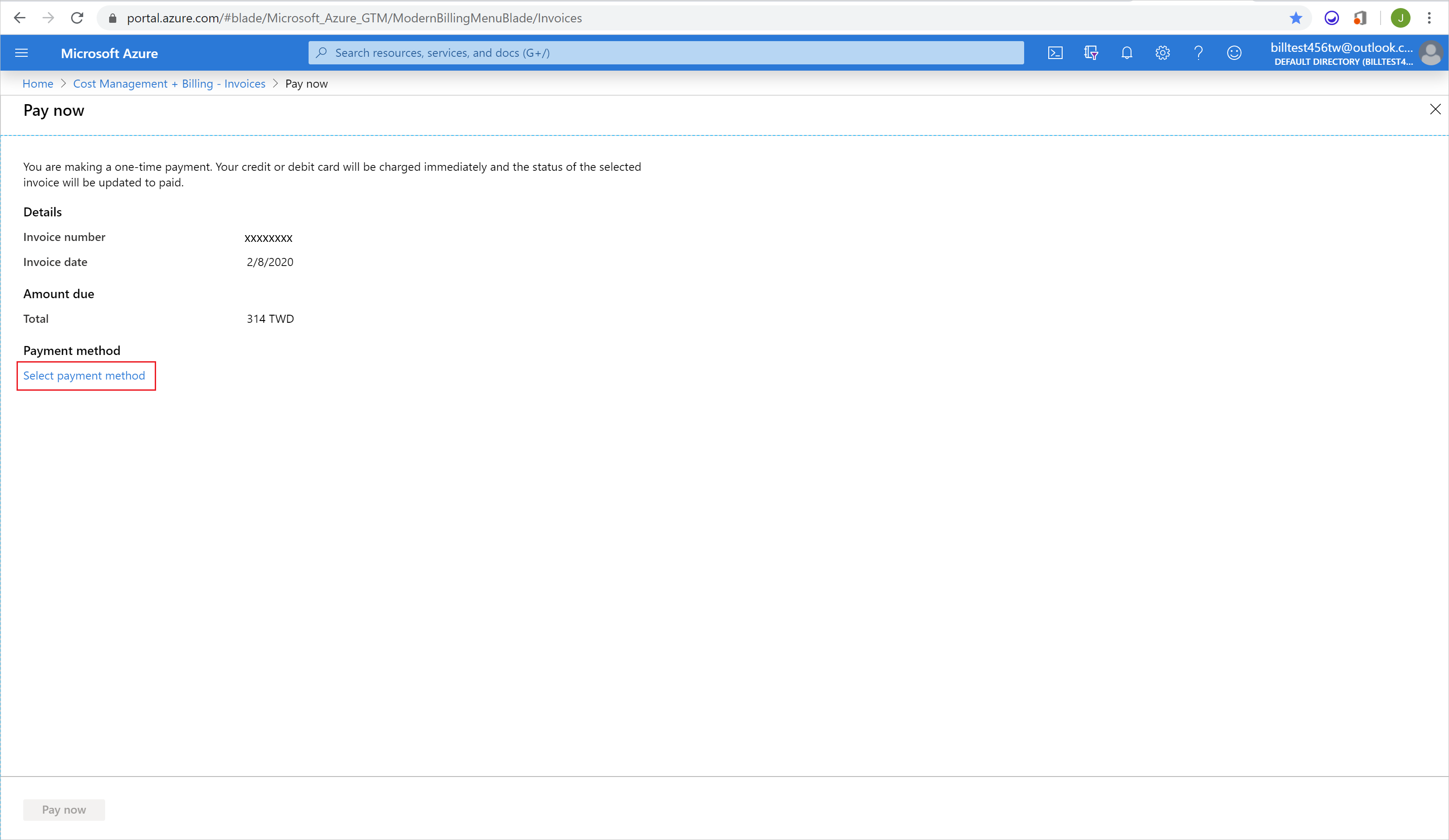 Screenshot showing the Select payment method option on the Pay now page.