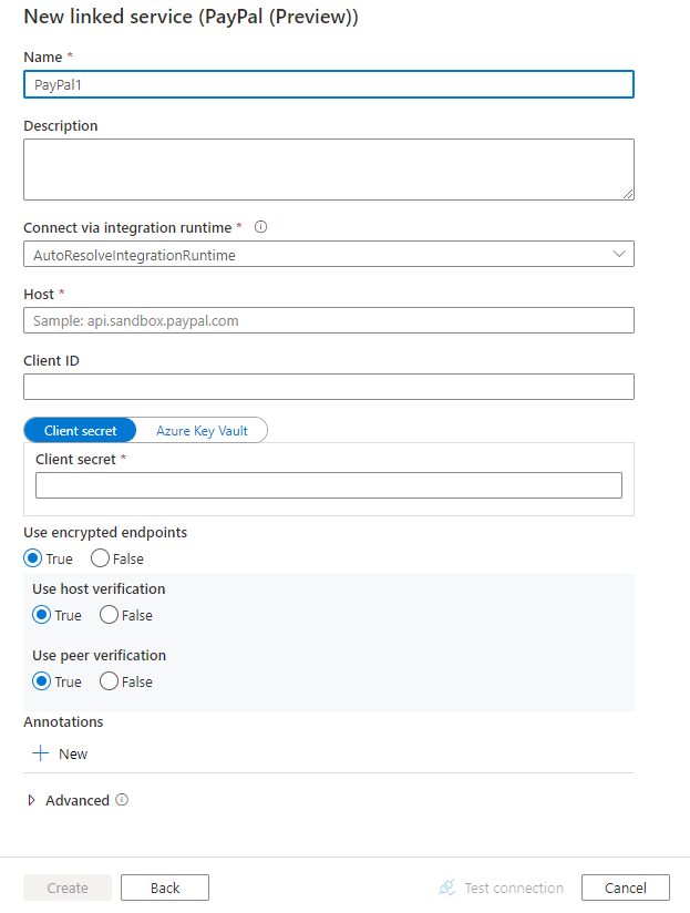 Screenshot of linked service configuration for PayPal.