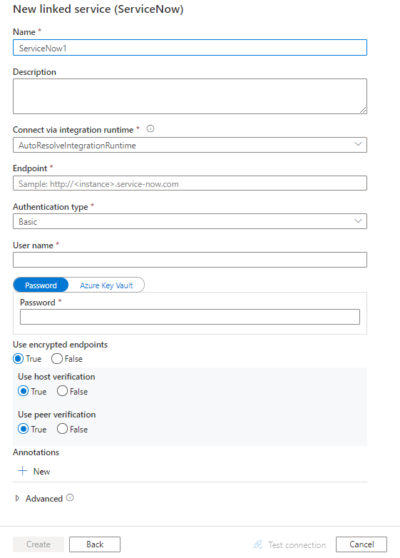 Screenshot of linked service configuration for ServiceNow (legacy).