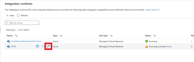 Screenshot showing the Azure integration runtime repair.