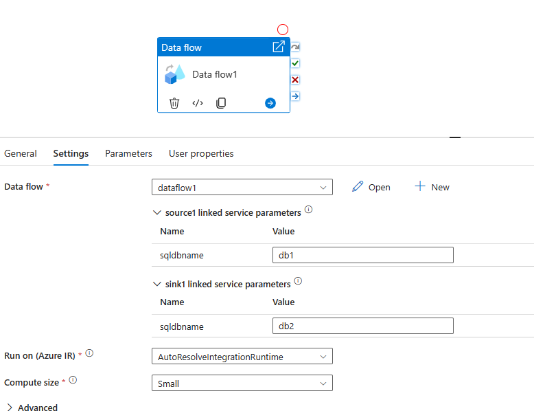 Screenshot shows the use of linked service parameters in the data flow.