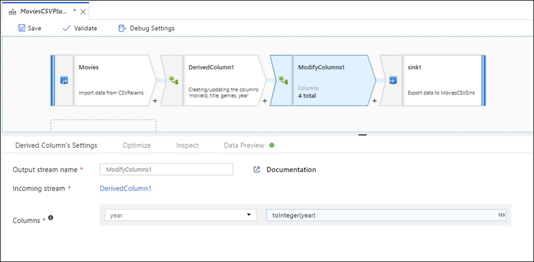 Screenshot shows Derived Column’s Settings.